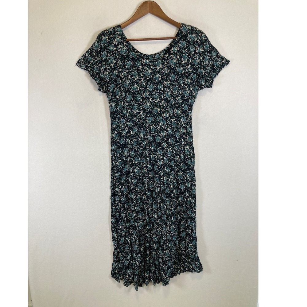 90s‎ Cottagecore Rabbit Rabbit Rabbit Designs 12M Black Teal Floral Midi Dress